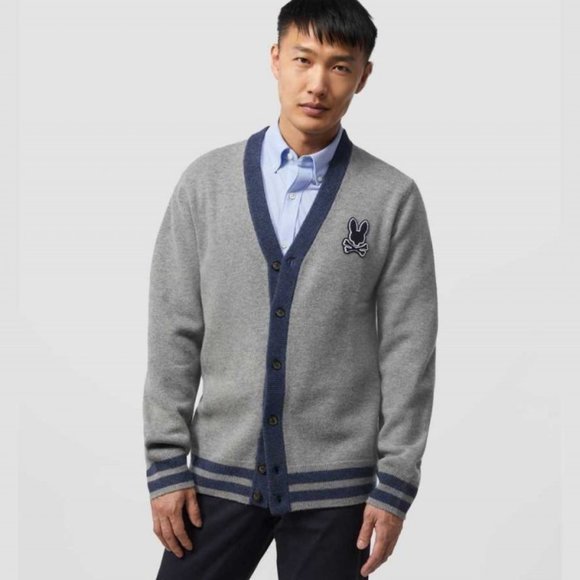 PSYCHO BUNNY Fulton Cardigan Sweater 498, Heather Grey Storm Skull Bunny, Unisex - Picture 7 of 16